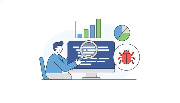 Software tester analyzing code on a computer screen with a magnifying glass to find system bugs and improve performance.