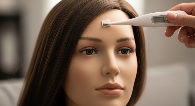 Checking temperature on forehead with digital thermometer, health check concept