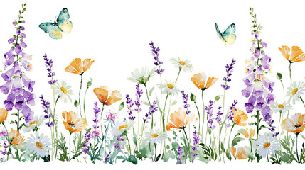 Fototapeta premium Watercolor wildflowers and butterflies border