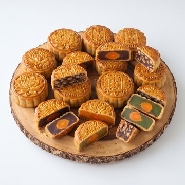 Assorted traditional chinese mooncakes with various fillings and salted egg yolks arranged on a rustic wooden board, isolated on white background