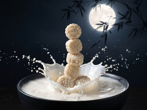 Mooncakes stacked in a bowl of milk with a splash, against a night sky background with a full moon and bamboo silhouette, midautumn festival concept