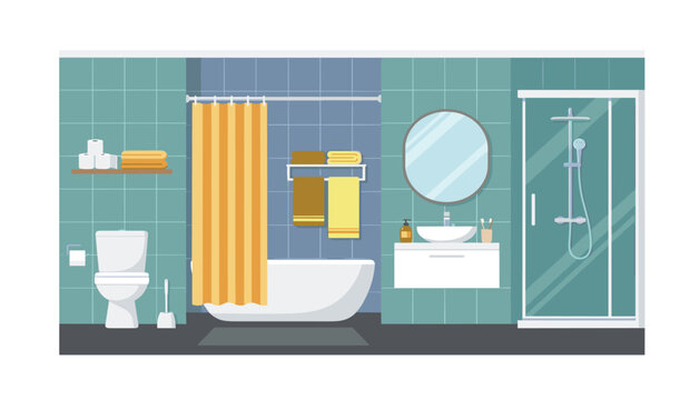 A modern bathroom interior flat vector illustration. bathtub, shower stall, toilet, sink, mirror, towels, tiles, curtain.