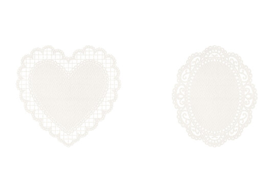 Two white paper doilies, one heart-shaped and one oval, with delicate lace edges