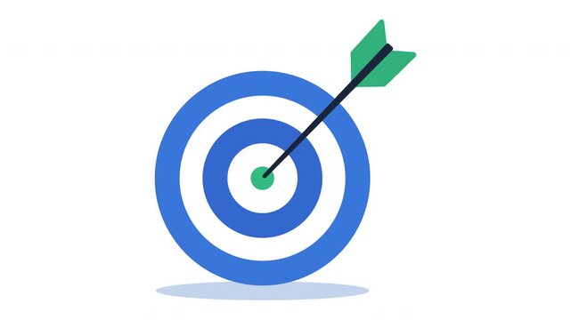 Flat vector animation of a dart hitting the center of target board, business goal, focus, and success concept.