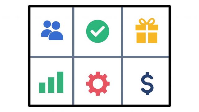 Flat vector animation of business icon set grid showing user profile, checkmark, gift, graph, settings gear, and dollar currency concept.