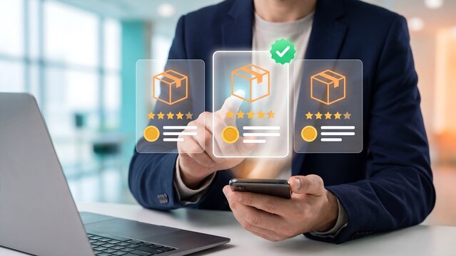 product review and rating comparison concept, businessman using smartphone with virtual cards showing parcel box, star rating and verified checkmark, online shopping feedback and quality selection