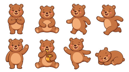 Fototapeta premium Set of cute cartoon brown bear characters in various poses and expressions.