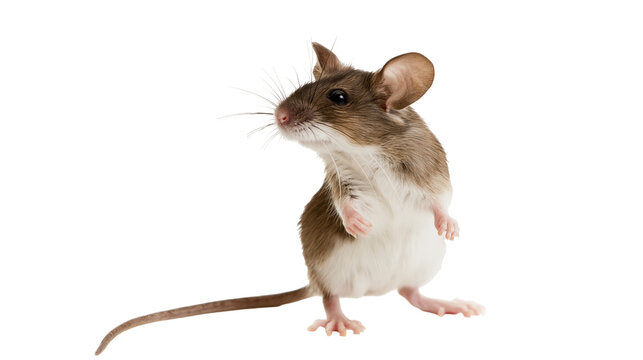 Small brown and white mouse standing on hind legs