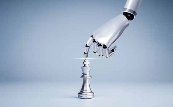 Futuristic metallic robot hand precisely placing a silver chess king piece symbolizing artificial intelligence making strategic decisions or advanced technology in business and game theory