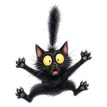 Scared black cat with big yellow eyes, funny startled kitten character with fluffy fur, surprised black kitten jumping in fear on white background