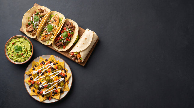 Tacos Guacamole And Nachos On Dark Background Food Photography