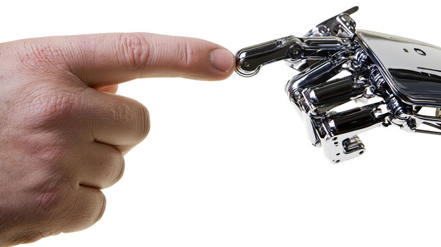 Human finger touching robotic hand metal joint