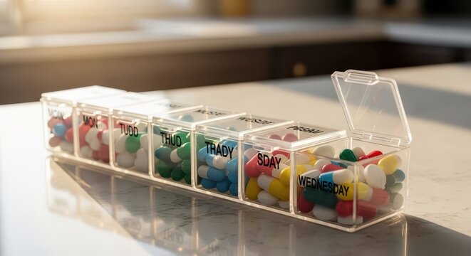 Clear plastic pill organizer filled with colorful capsules and tablets, labeled for each day of the week.