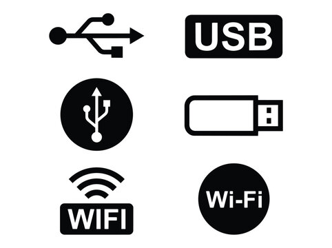 Black and white icon set featuring usb port, flash drive, and wireless wi-fi internet connection symbols