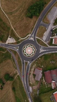Vertical Drone Shot of Roundabout Traffic Outside Palmanova, Italy, High Angle Aerial View