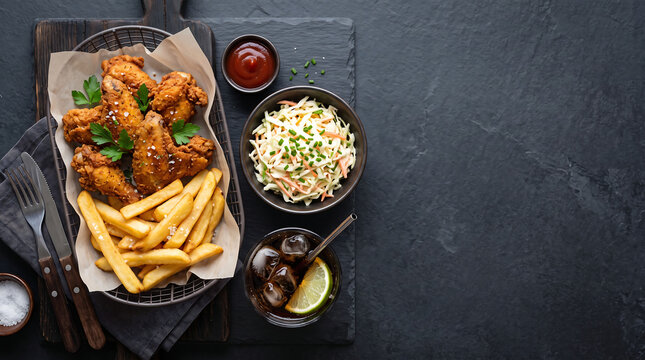 Fried Chicken French Fries Coleslaw And Cola On Slate Background