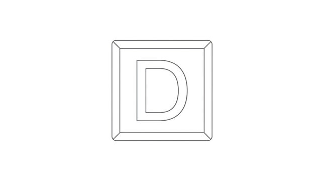 Minimalist letter D icon, black and white line art alphabet character, geometric square frame typography, clean modern initial logo design