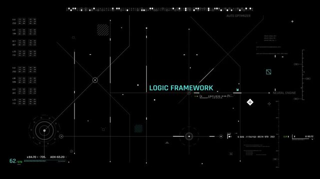 4K futuristic HUD interface overlay with animated AI technology elements. For artificial intelligence, cybersecurity, user interface, and digital technology concepts