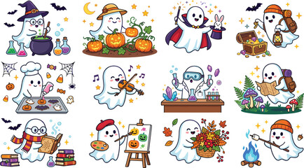 Fototapeta premium Cute Halloween Ghost Cartoon Character Vector Sticker Set with Different Professions, Hobbies, Pumpkins, and Autumn Activities for Festive Designs