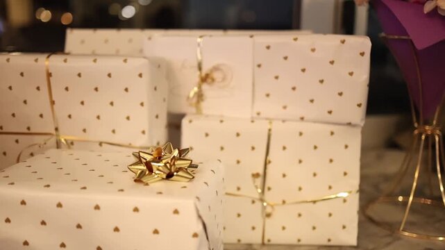 Close-up shot of beautifully wrapped white presents with gold heart patterns and ribbons on marble tabletop, highlighted by warm ambient lighting. No people seen in frame.