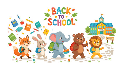 Fototapeta premium Back To School Animal Parade: A charming cartoon illustration depicts a friendly procession of assorted animals, including a fox, rabbit, elephant, bear, and lion.