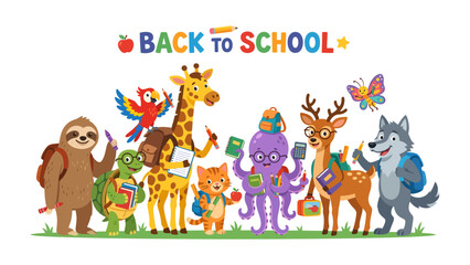 Back to School Animals: A whimsical illustration depicts a diverse group of anthropomorphic animals, including a sloth, turtle, giraffe, cat, octopus, deer, and wolf.