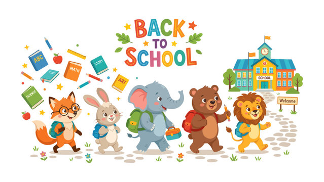 Back To School Animal Parade: A charming cartoon illustration depicts a friendly procession of assorted animals, including a fox, rabbit, elephant, bear, and lion.