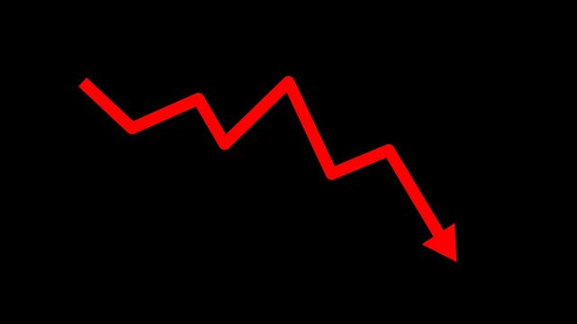 Red downward zigzag arrow chart animation showing market decline, unstable performance, financial loss, business risk, negative trend, and decreasing data with alpha channel