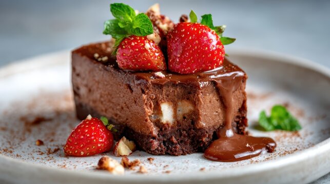 A delectable piece of rich chocolate cake topped with fresh strawberries and a drizzle of chocolate sauce, showcasing a perfect dessert for any special occasion or celebration.