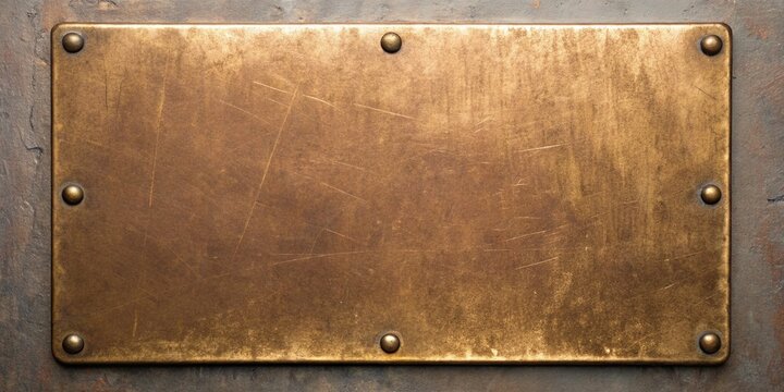 Weathered brass plaque with rivets on textured background showing vintage industrial concept