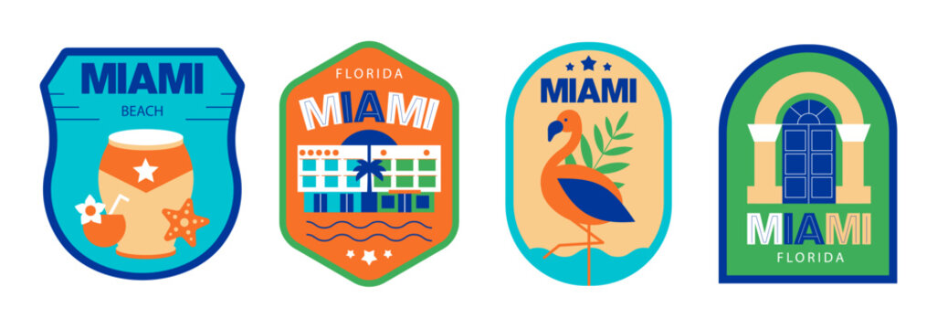 Miami Retro Badge Set, Geometric Flat Design Stickers, Patches and Labels