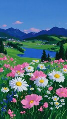 Obraz premium Vibrant floral mountain landscape mobile wallpaper