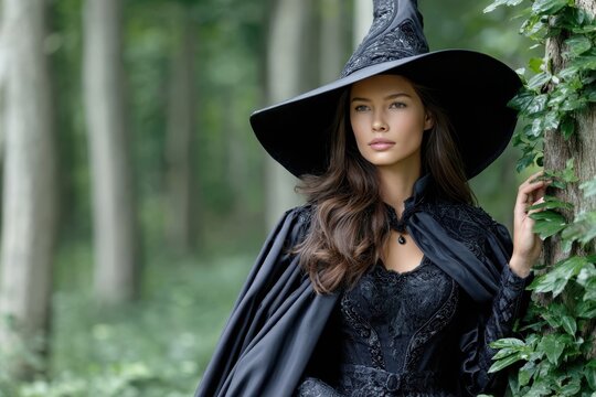 Enchanting young woman in witch costume standing in a mystical forest during daylight