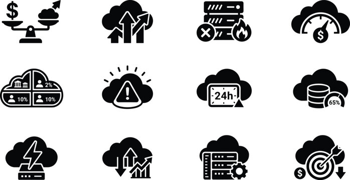 Cloud Cost Optimization and FinOps Management Icon Set for Resource Monitoring, Billing Metrics, Infrastructure Analytics, and Vector Design