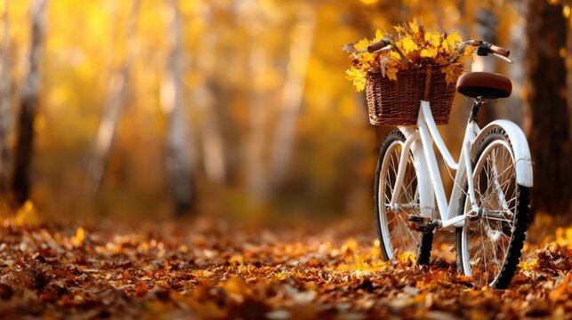 A charming vintage bicycle with a basket filled with autumn leaves, set against a picturesque backdrop of fallen foliage that embodies the essence of fall.