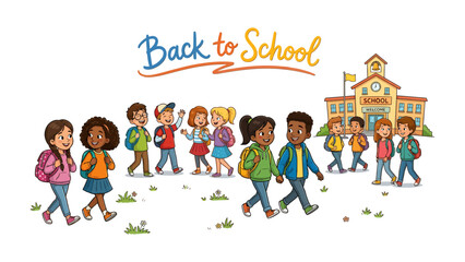 Naklejka premium Back to School Excitement: A vibrant illustration depicting a diverse group of cheerful children, each with a backpack, walking towards a school building under a Back to School banner.