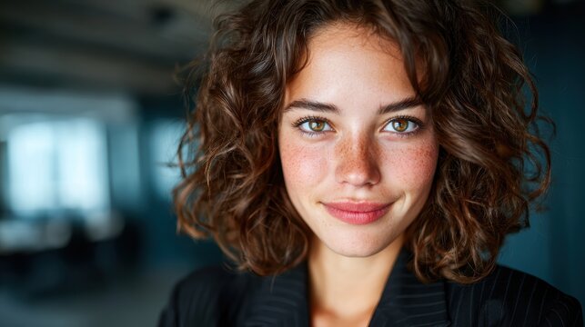 A confident young woman with curly hair is dressed in a business suit, radiating professionalism and warmth in a modern office setting, ready to take on challenges with a smile.