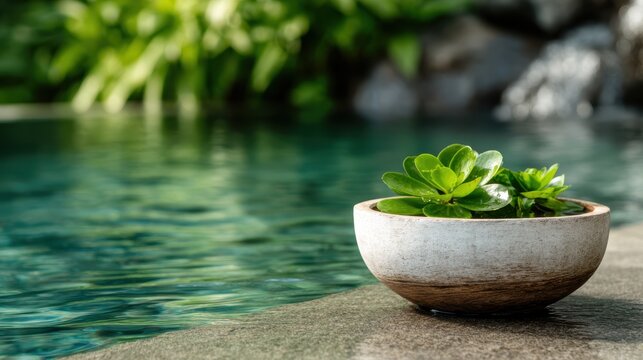 This tranquil scene features a bowl of vibrant green water plants resting by a serene pool, evoking feelings of calmness and relaxation in a natural setting.