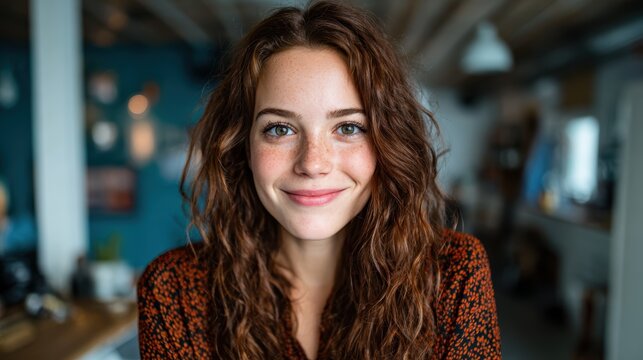 A cheerful young woman with curly hair and freckles smiles warmly at the camera, showcasing her joy and confidence within a cozy, artistic interior environment filled with light.