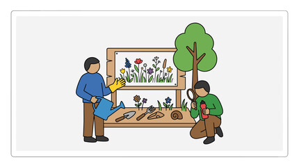 Fototapeta premium People gardening and observing nature flat design illustration
