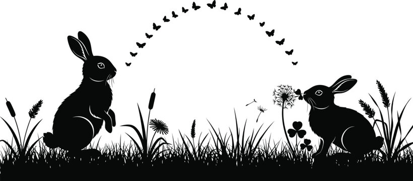 Silhouette illustration of rabbits in a meadow with butterflies silhouette butterflies whimsical