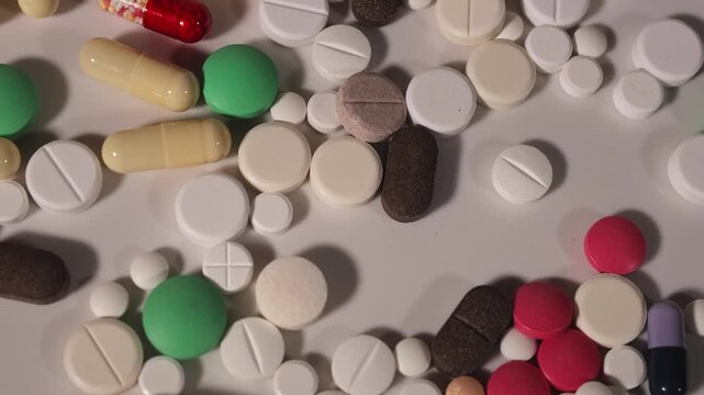 Lots of pills. Multicolored medical tablets. White background. Slow motion video. High quality 4k footage