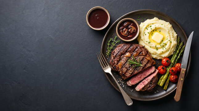 Grilled Steak With Mashed Potatoes And Asparagus Food Photography