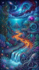 Fototapeta premium Surreal Psychedelic Underwater Alien Landscape with Cosmic Galaxy Sky and Bioluminescent Sea Life