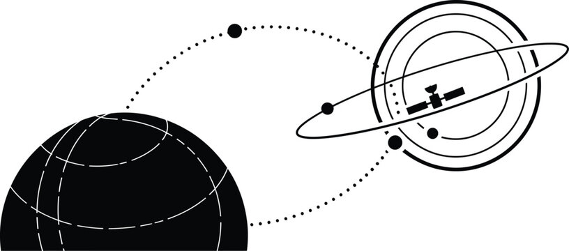 Satellite orbiting earth planet minimalist icon with satellite telecommunication technology