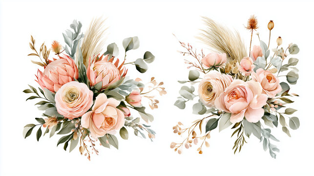 Watercolor Floral Bouquets with Protea Roses Ranunculus and Eucalyptus Leaves for Wedding Invitations Elegant Pastel Botanical Clip Art Isolated on White Background for Romantic Design Projects