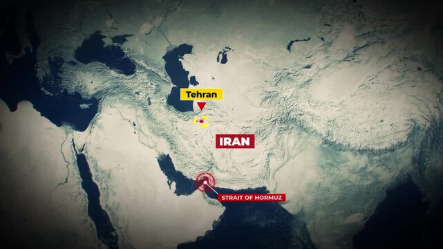 Middle East Map Highlighting Tehran Iran and Strait of Hormuz Strategic Location Animation