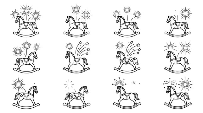 Vintage rocking horse toy icons with decorative firework starburst backgrounds set