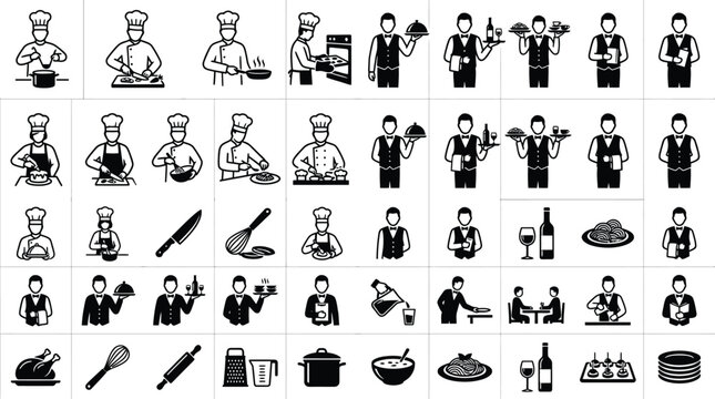 Large collection of restaurant and kitchen icons including chefs cooking, professional waiters serving food and drinks, kitchen utensils like whisks and knives, and various prepared meals.