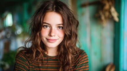 Obraz premium A young woman with natural beauty, wearing a striped shirt, stands confidently in a cozy setting, radiating positivity and charm while engaging with the camera.